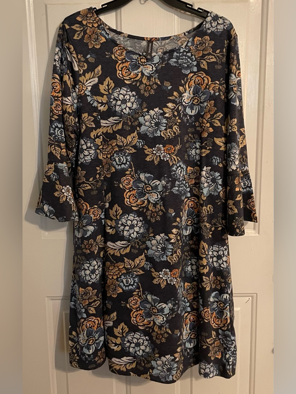 Massini Navy Floral Long Sleeve Scoop Dress with Mustard Accents